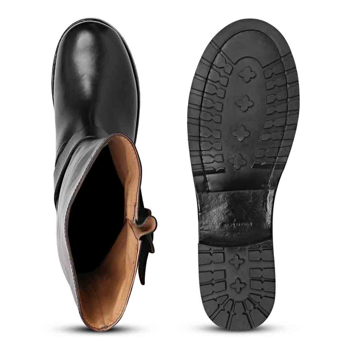 Saint Adette Buckle Decor Black Leather Calf Length Boots