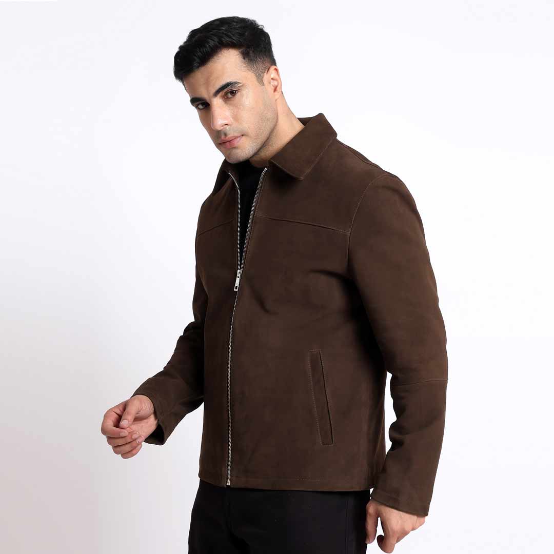 Saint Aris Chocolate Suede Leather Men's Jacket With Collars