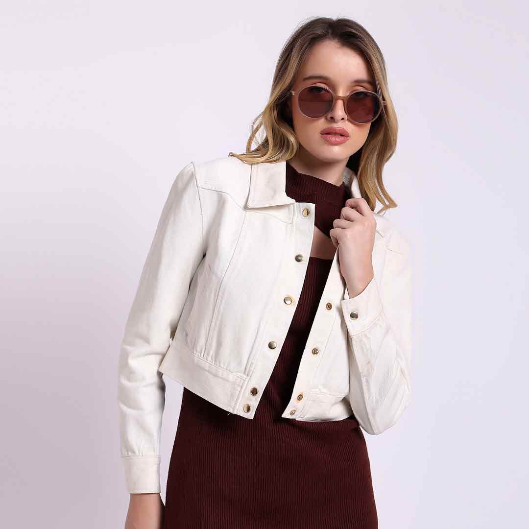 Saint Noemi White Leather Women Collar Jackets