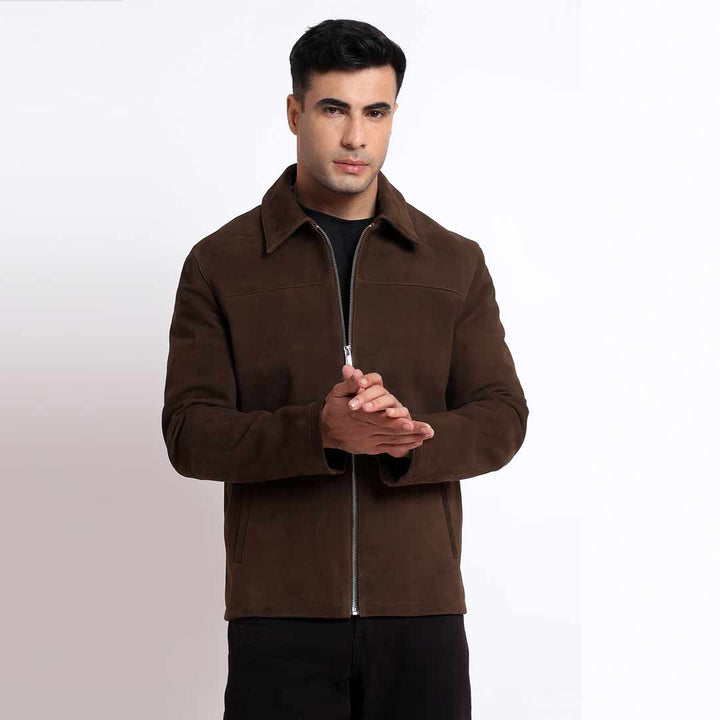 Saint Aris Chocolate Suede Leather Men's Jacket With Collars