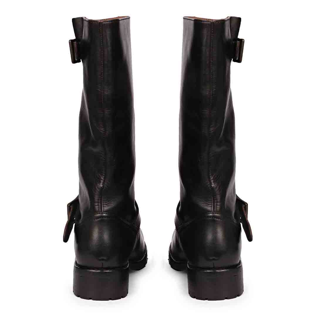 Saint Adette Buckle Decor Black Leather Calf Length Boots