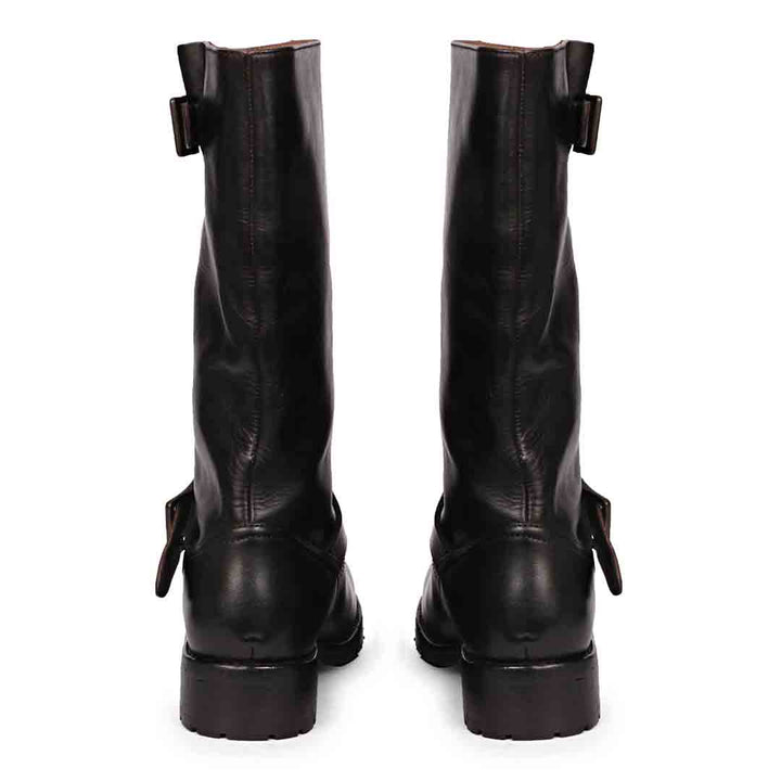Saint Adette Buckle Decor Black Leather Calf Length Boots