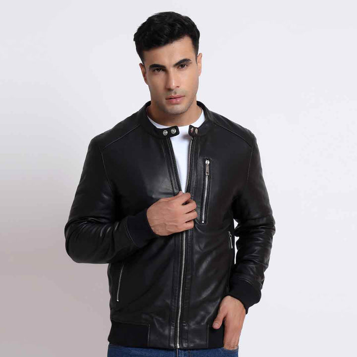 Saint Haden Men's Black Leather Skull Bomber Jackets