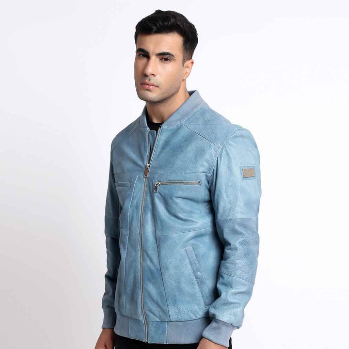 Saint Jenson Blue Leather Men's Bomber Jackets