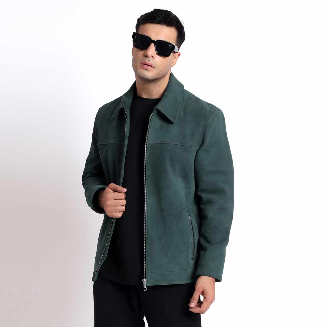 Saint Cristo Green Suede Leather Men's Jacket With Collars