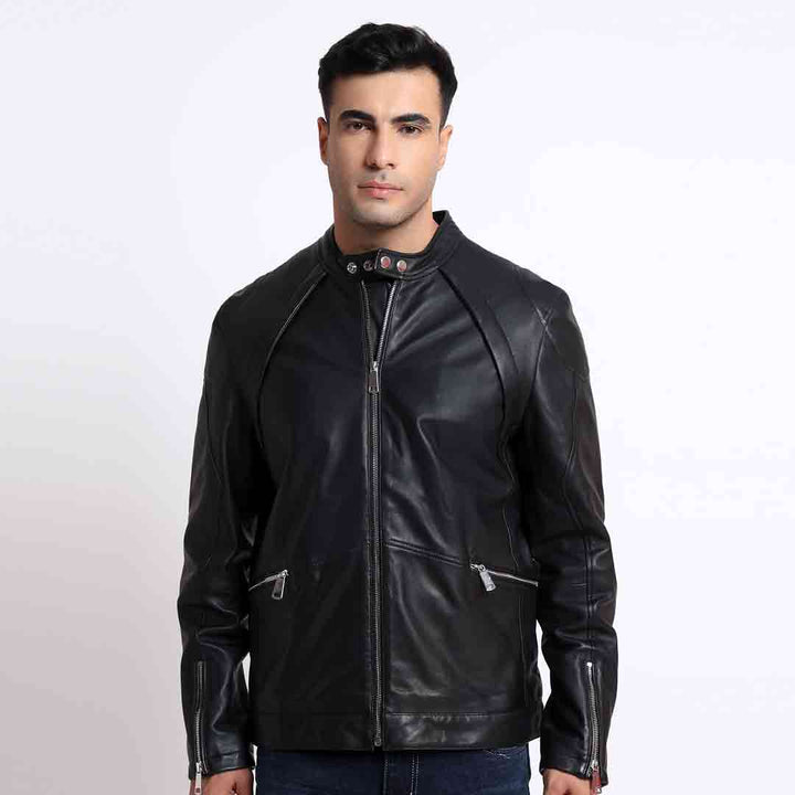 Saint Ethan Men Black Leather Skull Cafe Racer Jackets