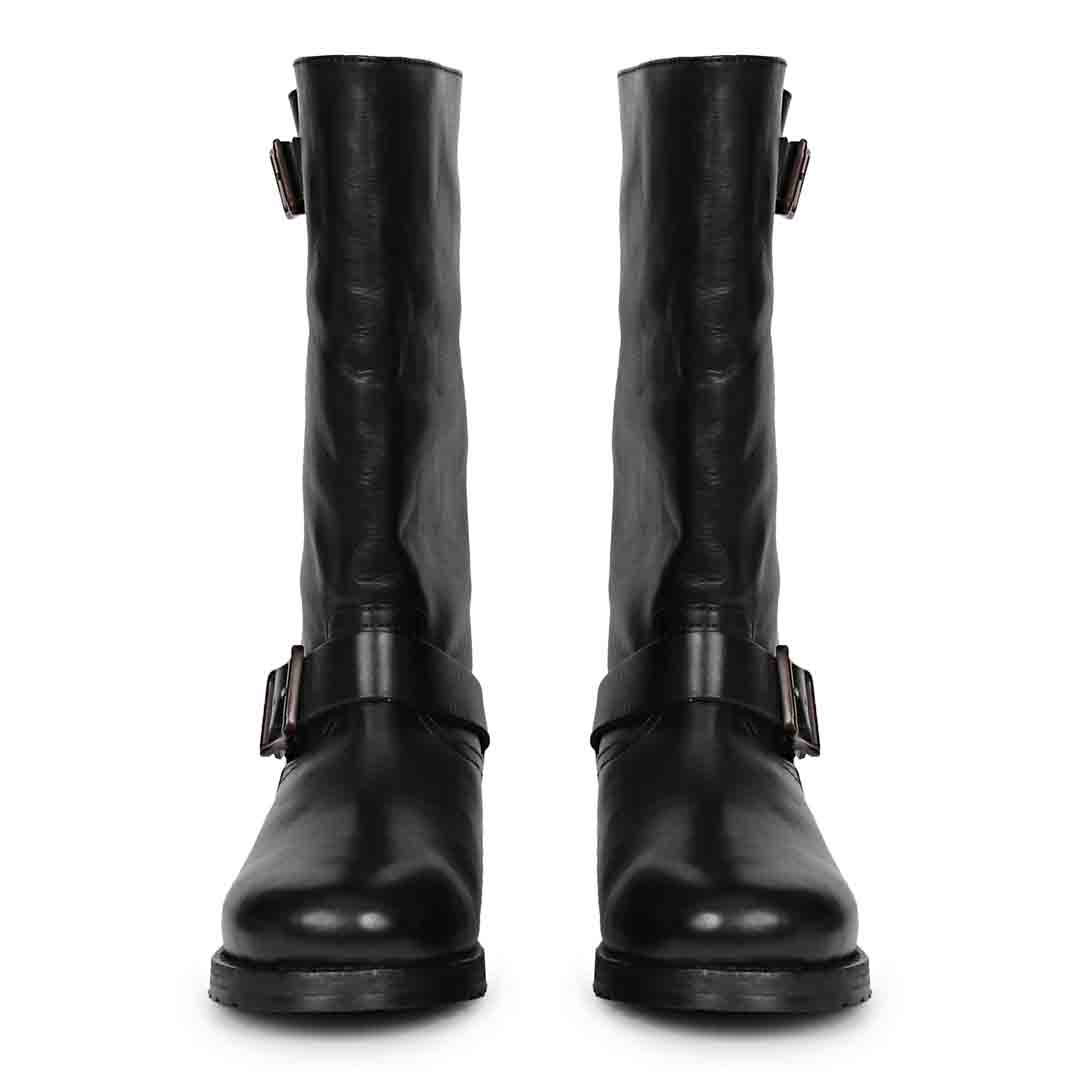 Saint Adette Buckle Decor Black Leather Calf Length Boots
