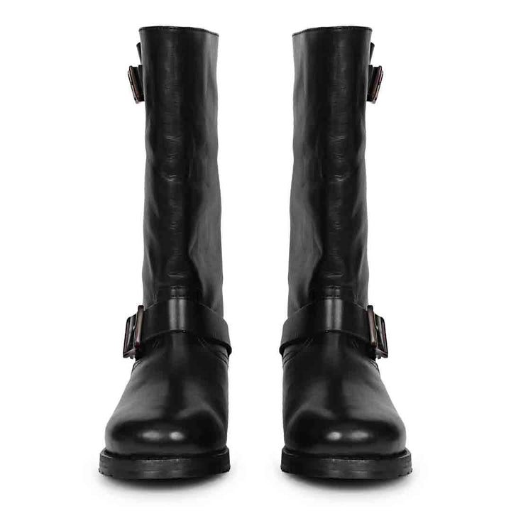 Saint Adette Buckle Decor Black Leather Calf Length Boots