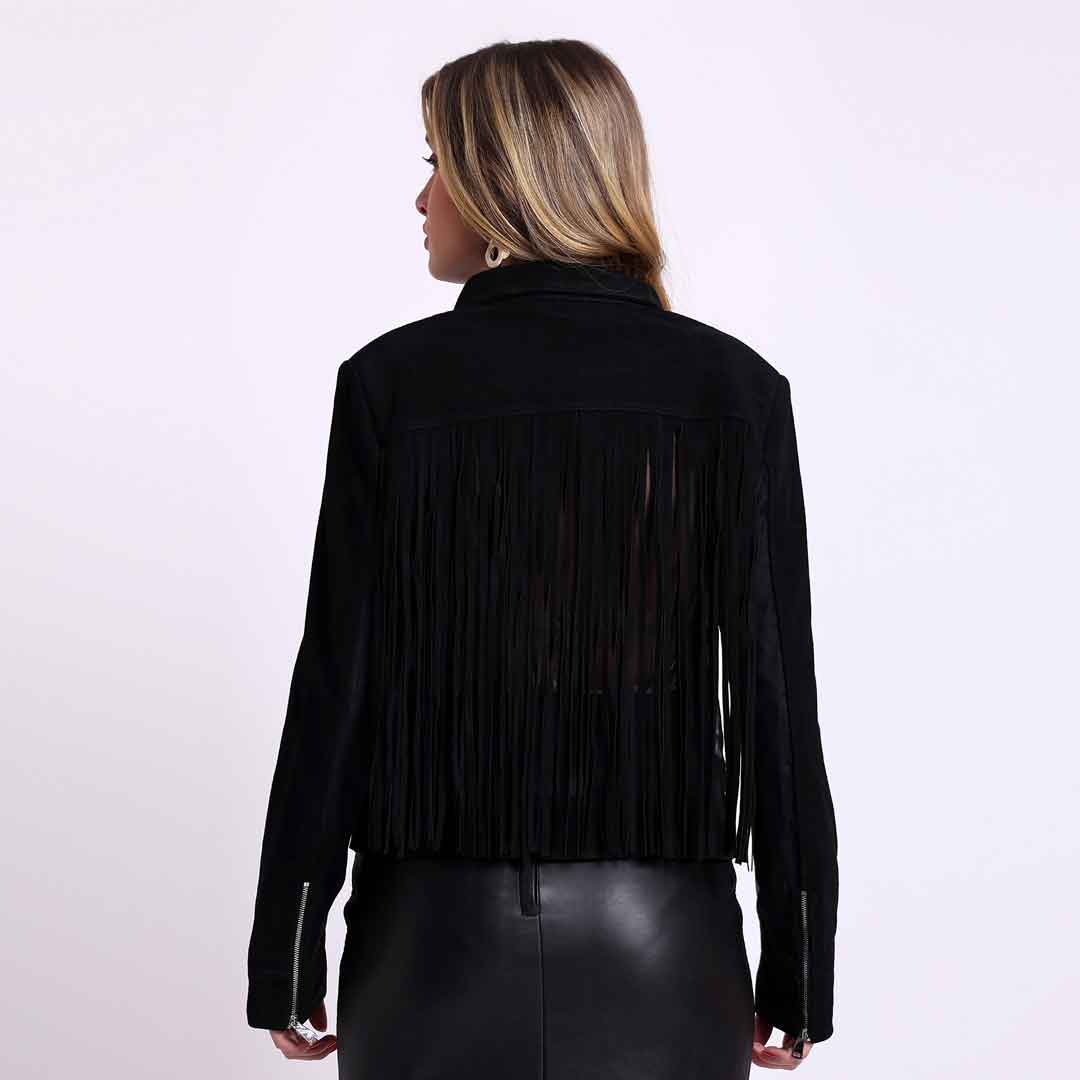 Saint Melanie Women Black Leather Fringe Jackets