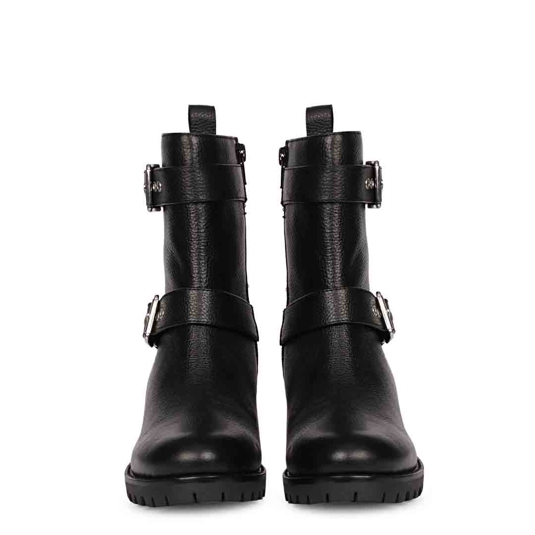 Saint Erika Double Buckle Black Leather High Ankle Boots