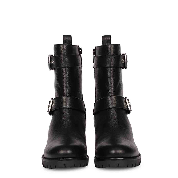 Saint Erika Double Buckle Black Leather High Ankle Boots