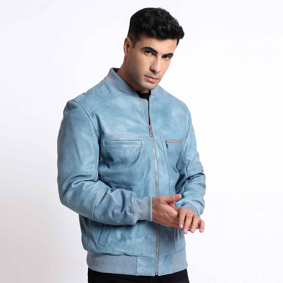 Saint Jenson Blue Leather Men's Bomber Jackets