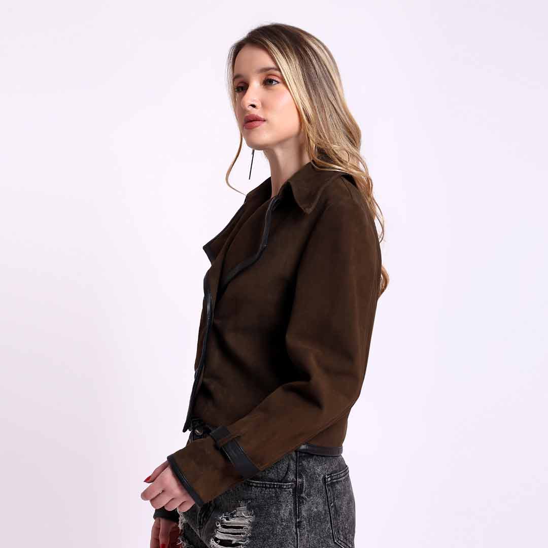 Saint Cloe Women Brown Leather Spread Collar Jackets