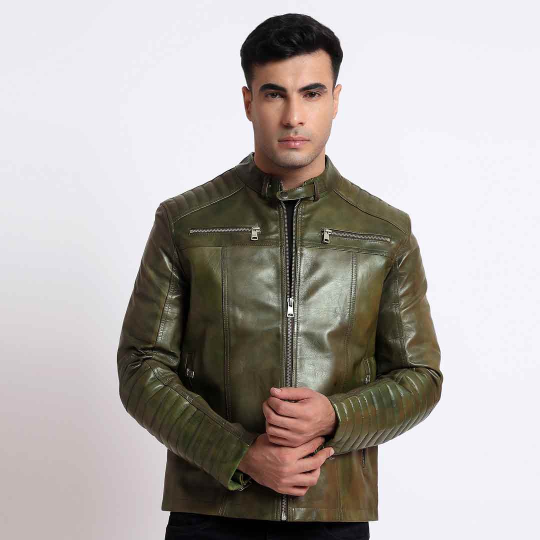 Saint Agostino olive leather cafe racer jacket with a straight front zip