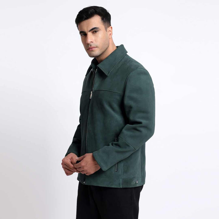 Saint Cristo Green Suede Leather Men's Jacket With Collars