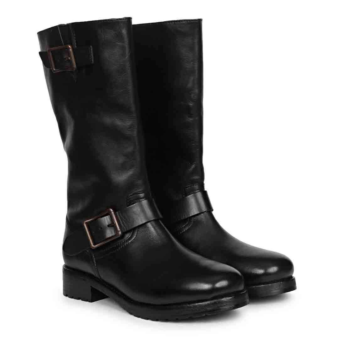 Saint Adette Buckle Decor Black Leather Calf Length Boots