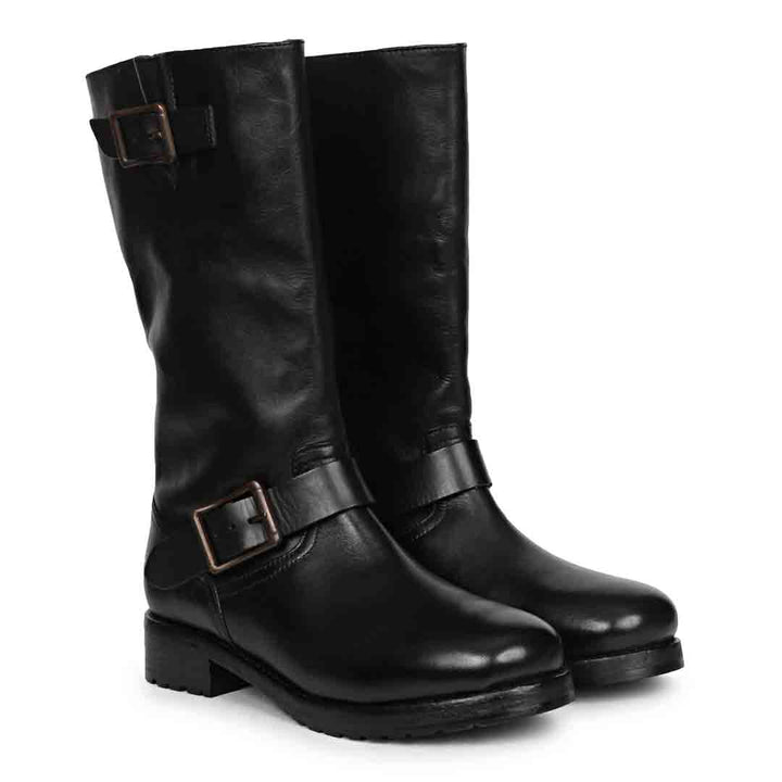 Saint Adette Buckle Decor Black Leather Calf Length Boots