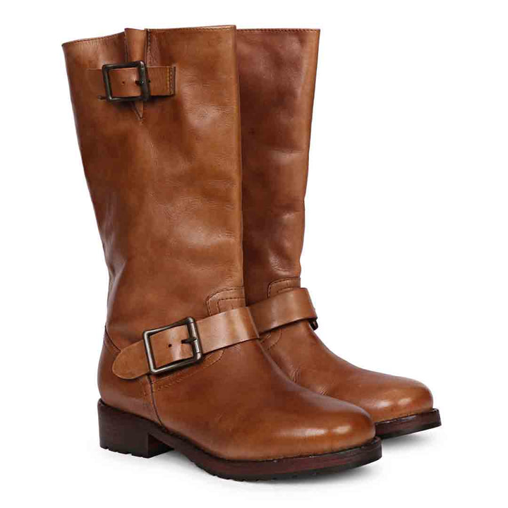 Saint Adette Buckle Decor Cognac Leather Calf Boots