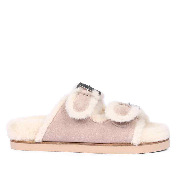 Saint Cosima Fur Taupe Suede Leather Snug Flats