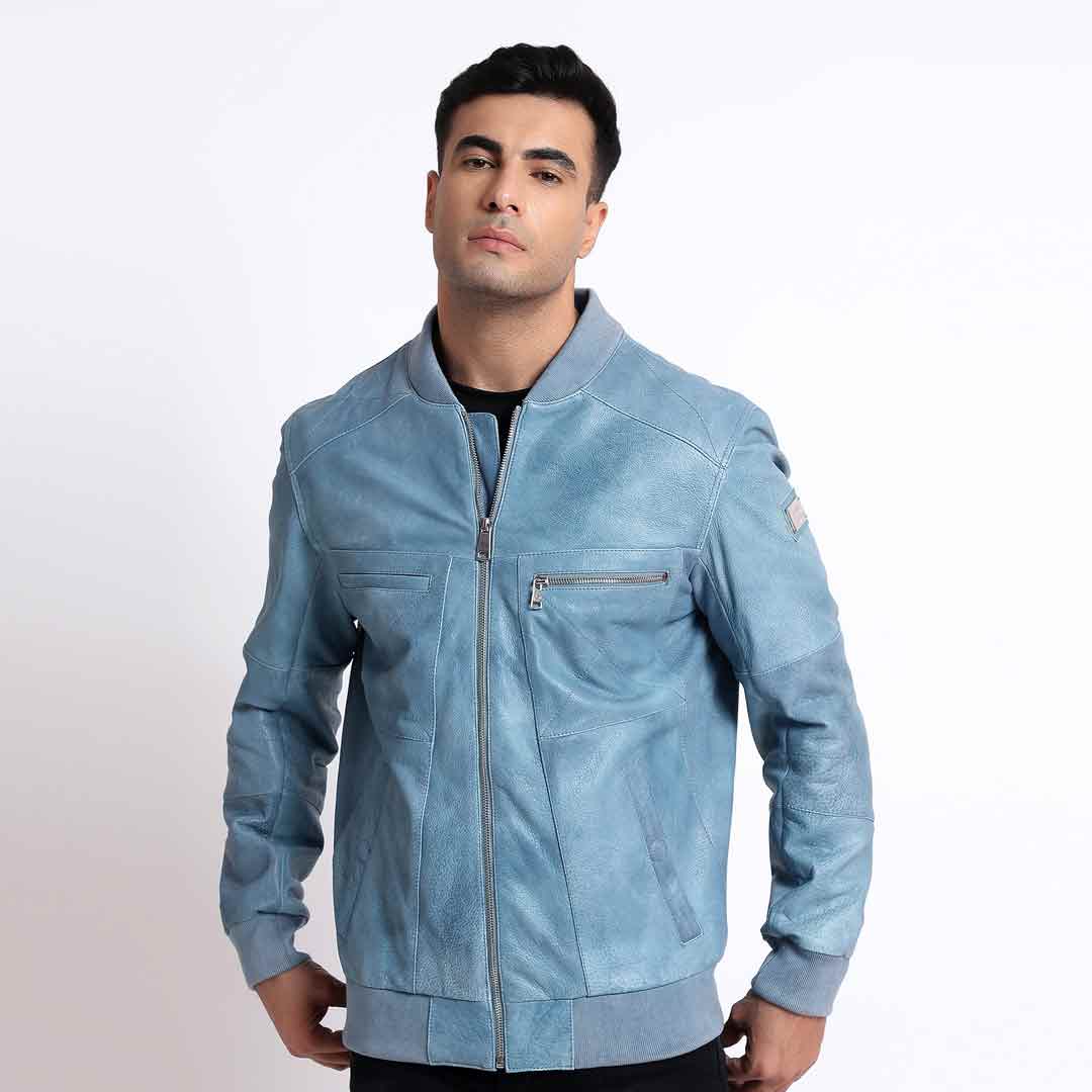 Saint Jenson Blue Leather Men's Bomber Jackets