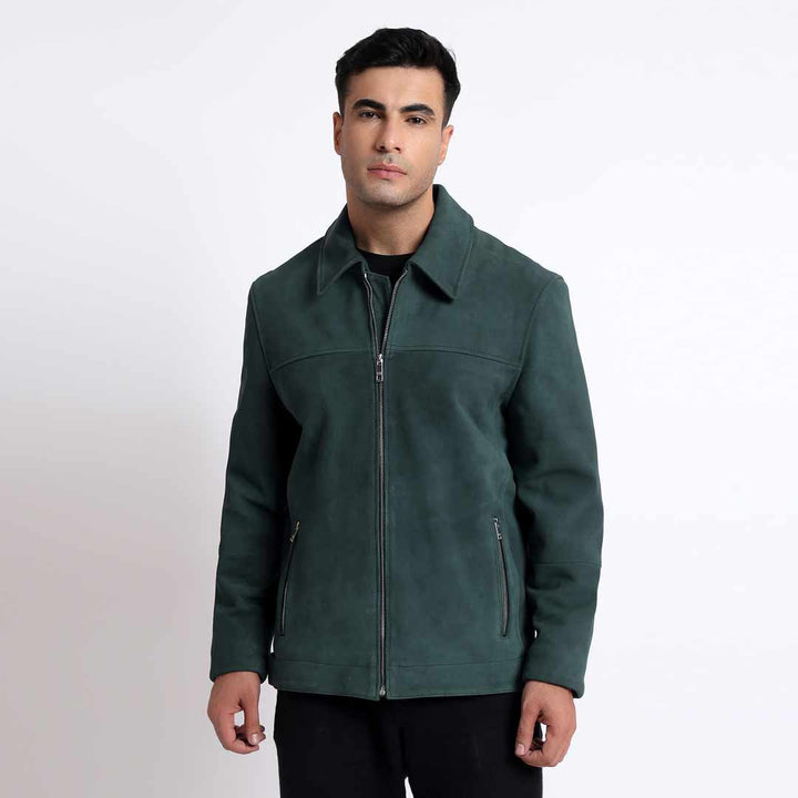 Saint Cristo Green Suede Leather Men's Jacket With Collars