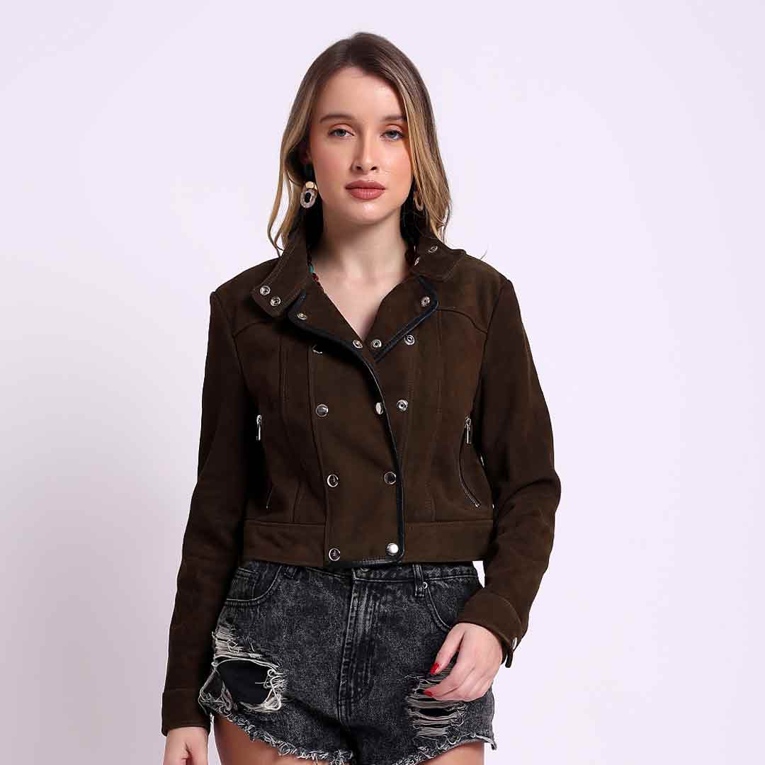 Saint Alora Olive Suede Leather Women Collar Jackets