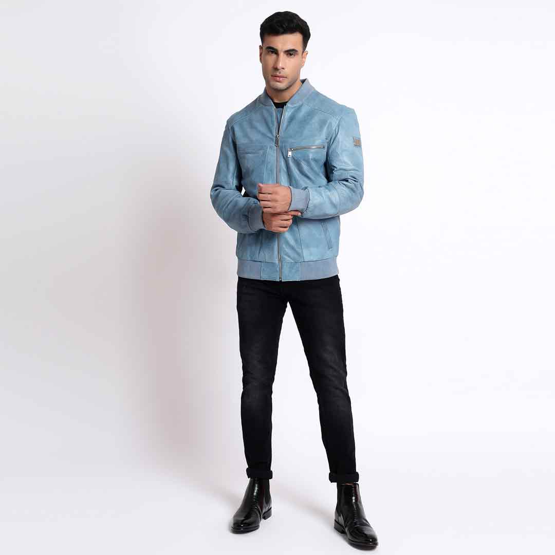 Saint Jenson Blue Leather Men's Bomber Jackets