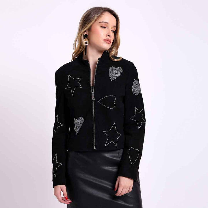 Saint Venessa Stone Embossed Black Leather Women Biker Jackets