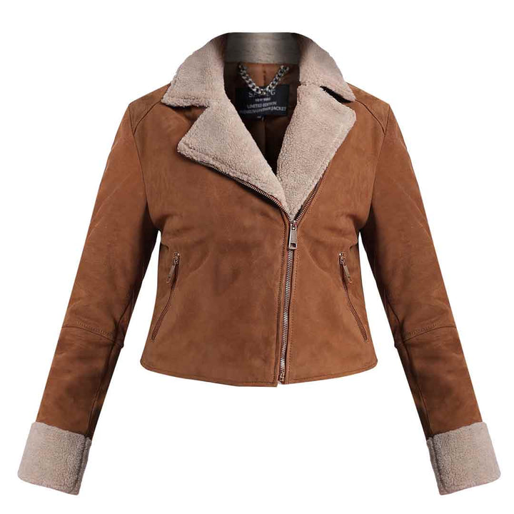 Saint Arlene Women Tan/Beige Leather Cafe Racer Jacket