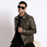 Saint Ruben Olive Leather Men's Jacket With Collars