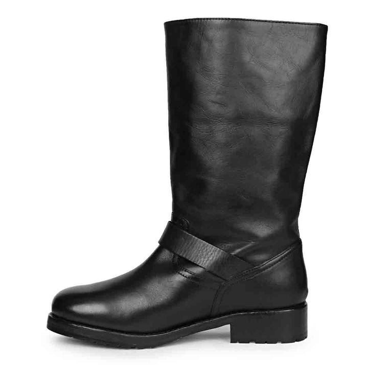 Saint Adette Buckle Decor Black Leather Calf Length Boots