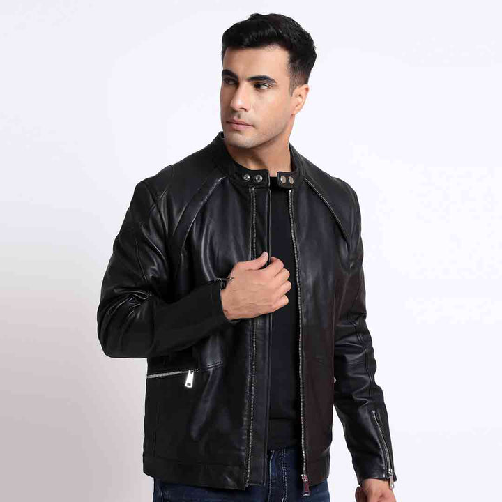 Saint Ethan Men Black Leather Skull Cafe Racer Jackets