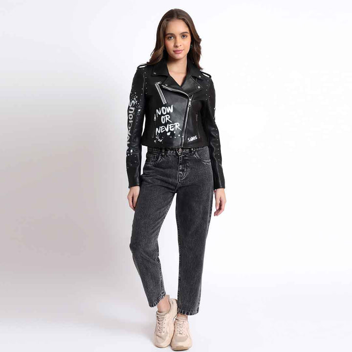 Saint Grecia Black Leather Women Biker Jackets