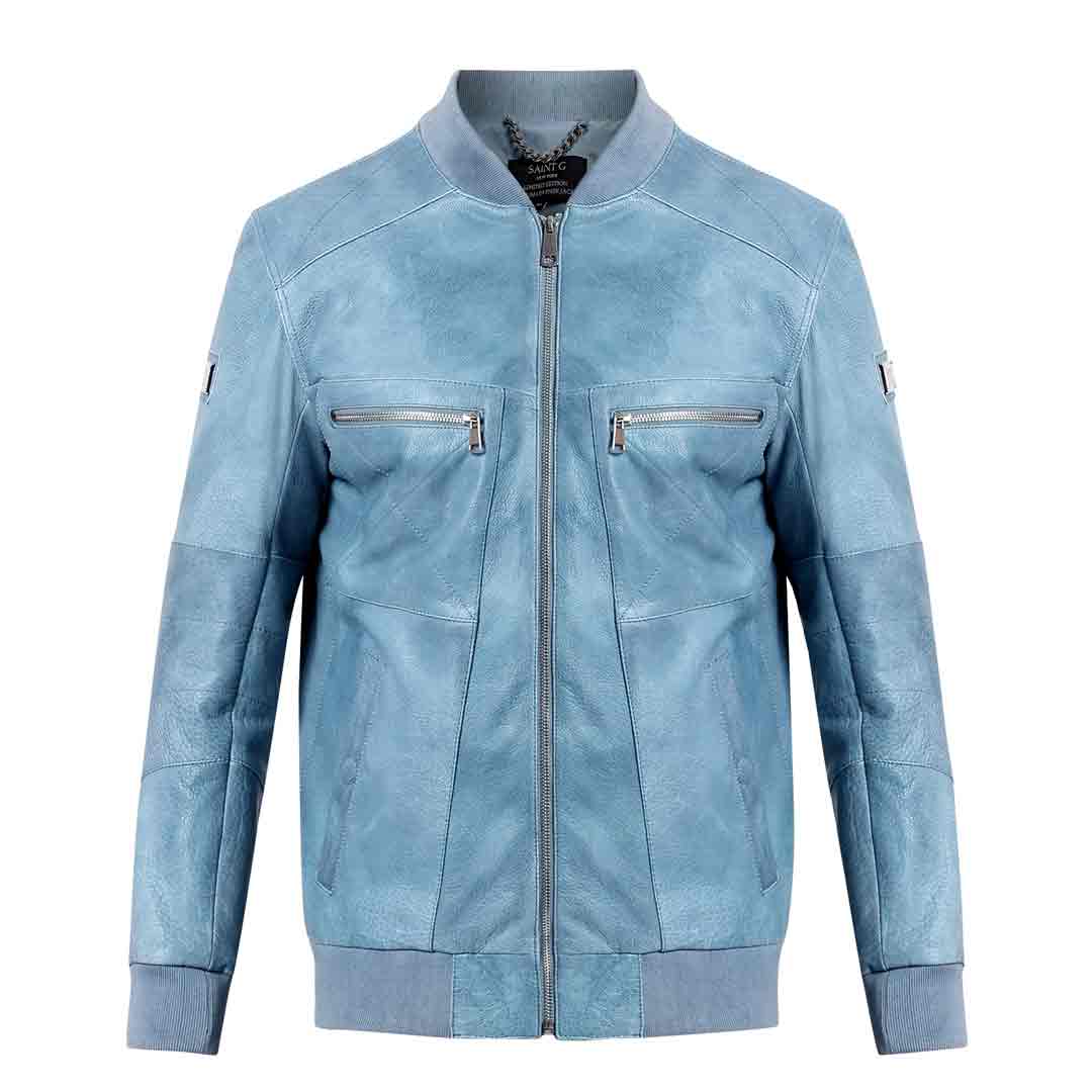 Saint Jenson Blue Leather Men's Bomber Jackets