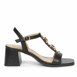 Saint Zoriel Gold Trim Black Leather Block Heels