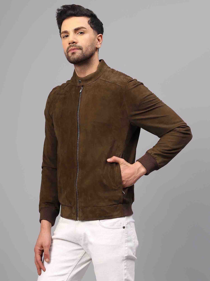 Saint Fabrizio Olive Suede Leather Men's Bomber Style Jackets