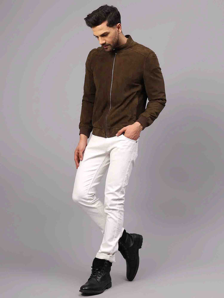 Saint Fabrizio Olive Suede Leather Men's Bomber Style Jackets