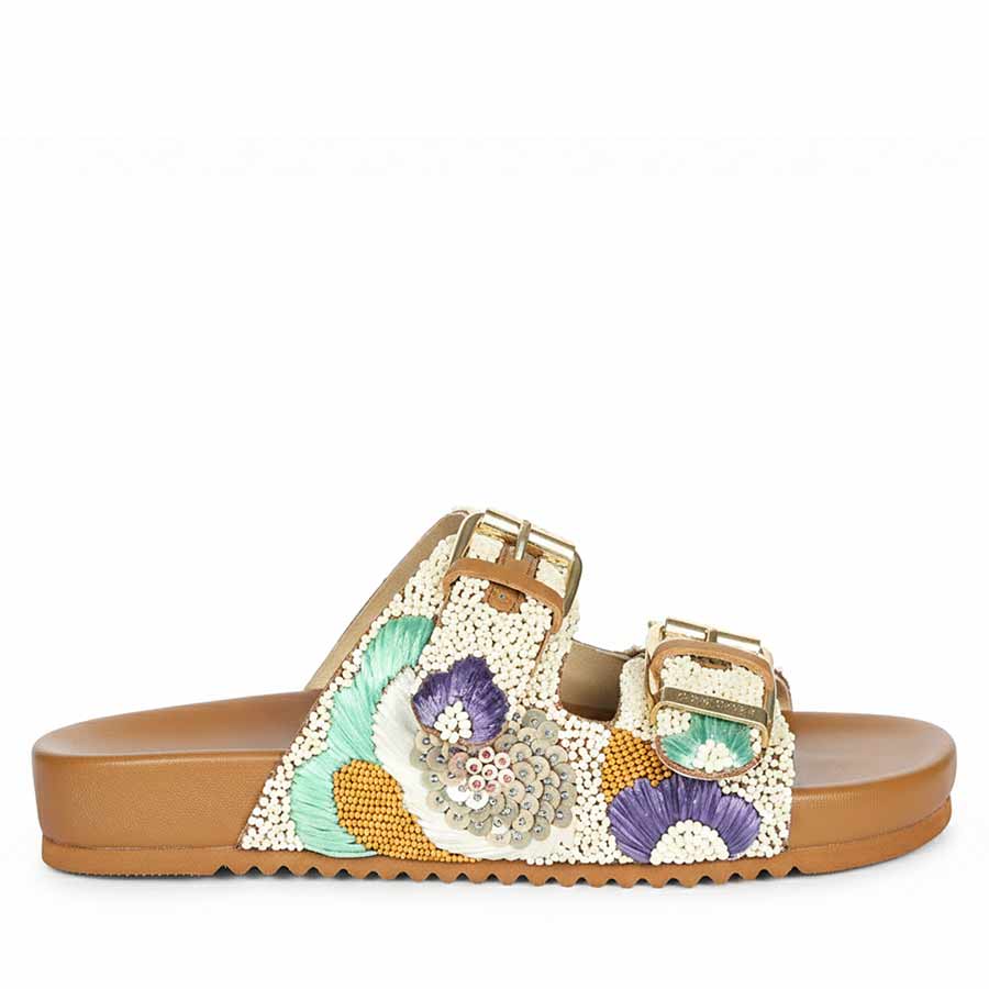 Clio Hand Embroidered Tan Leather Footbed Sandals
