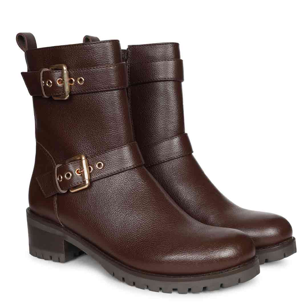 Saint Erika Double Buckle Brown Leather High Ankle Boots