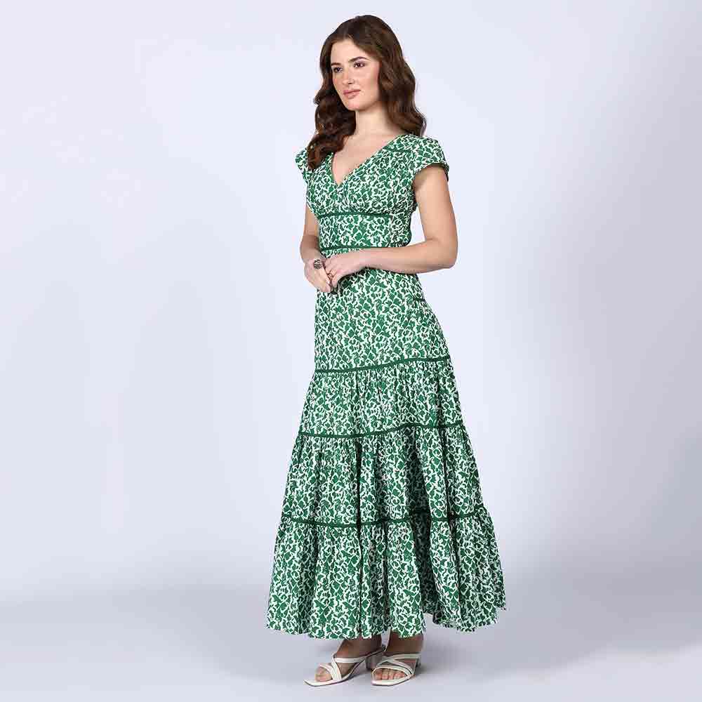 Saint Womens Green Tiered Cotton Voil Maxi Dress