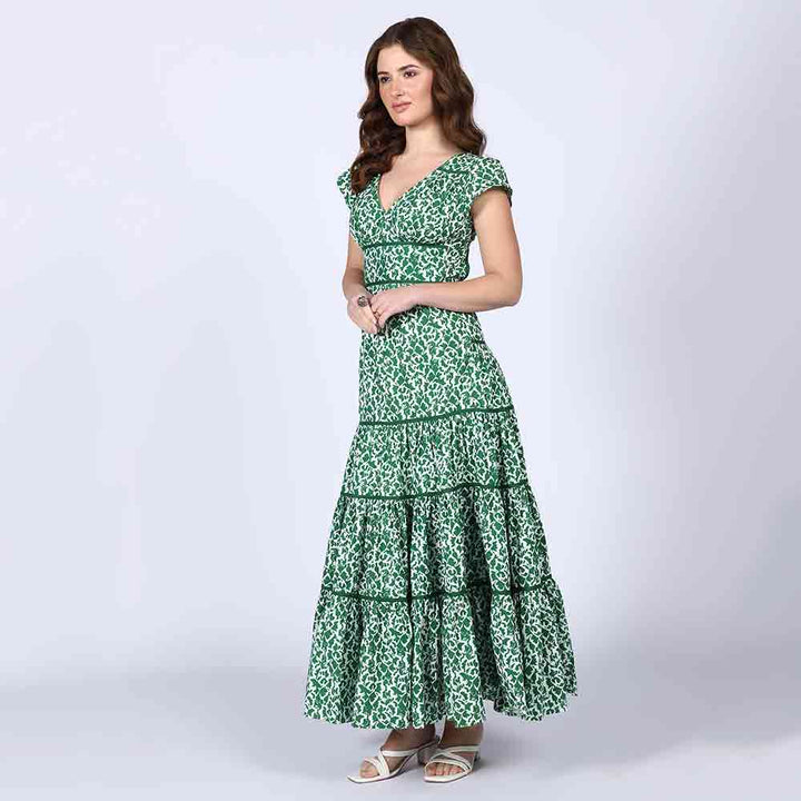 Saint Womens Green Tiered Cotton Voil Maxi Dress