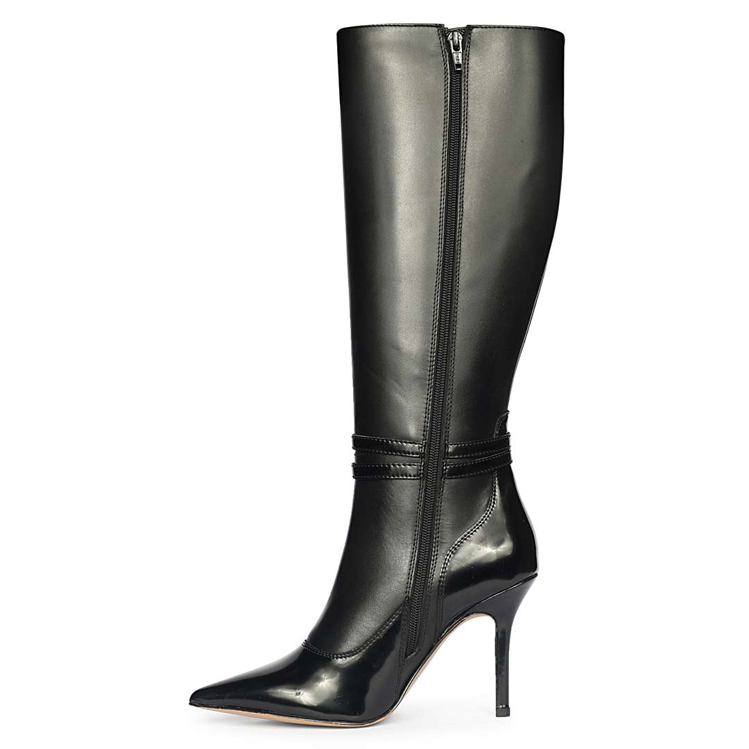 Saint Rey Buckle Decor Black Leather Long Boots