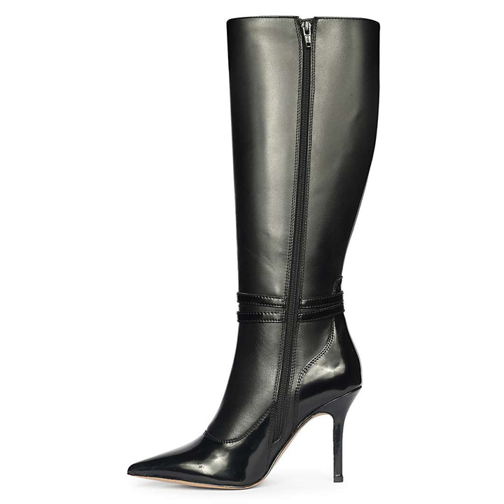 Saint Rey Buckle Decor Black Leather Long Boots