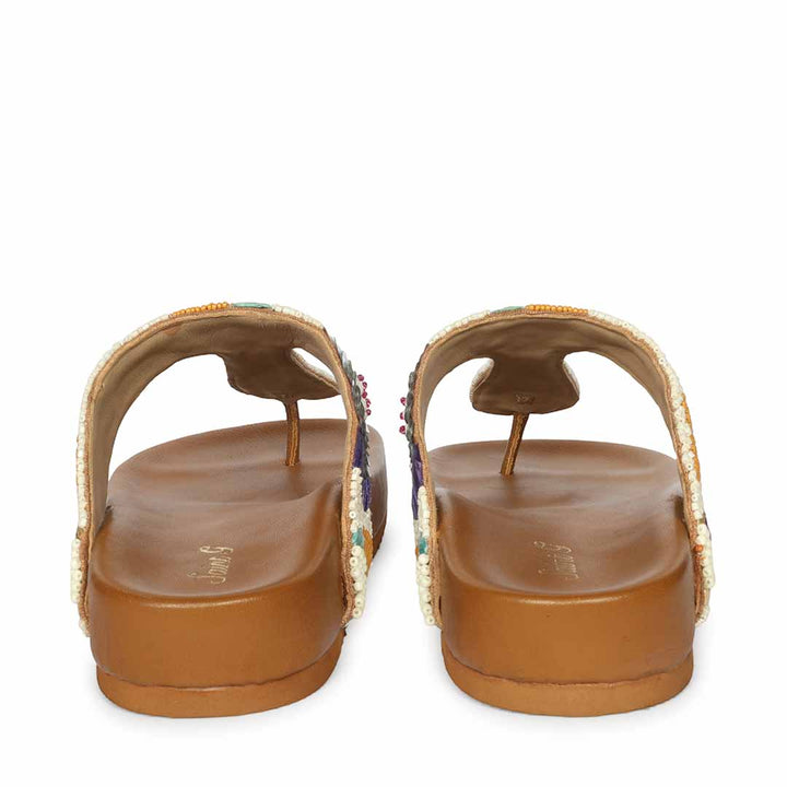 Back view of tan leather thong footbed sandals for everyday summer wear