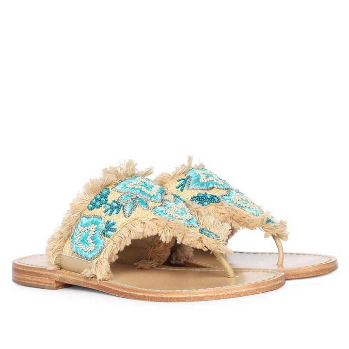Turquoise embroidered leather flats