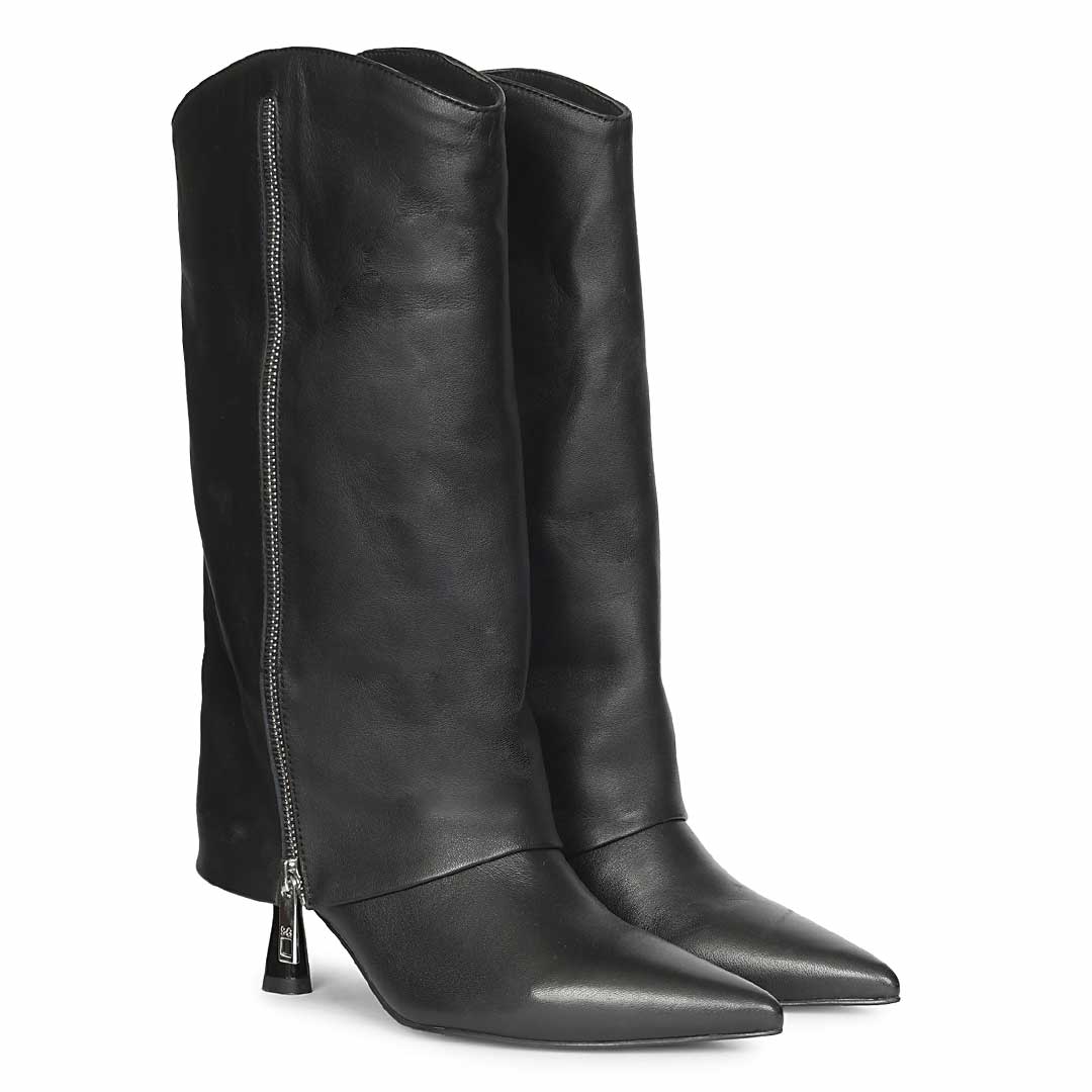 Saint Xiomara Fold-Over Black Leather Mid-Calf Boots