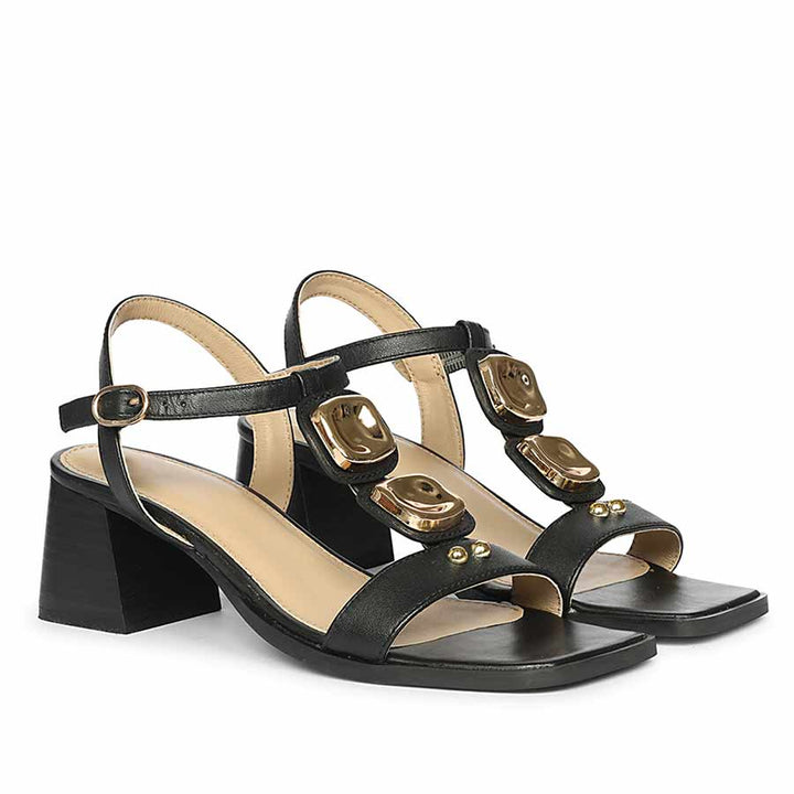 Saint Zoriel Gold Trim Black Leather Block Heels