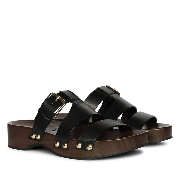 Saint Valene Buckle Black Leather Platform Sandals