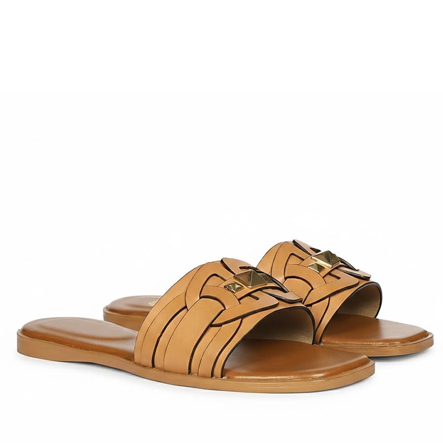 Tan leather studded slides