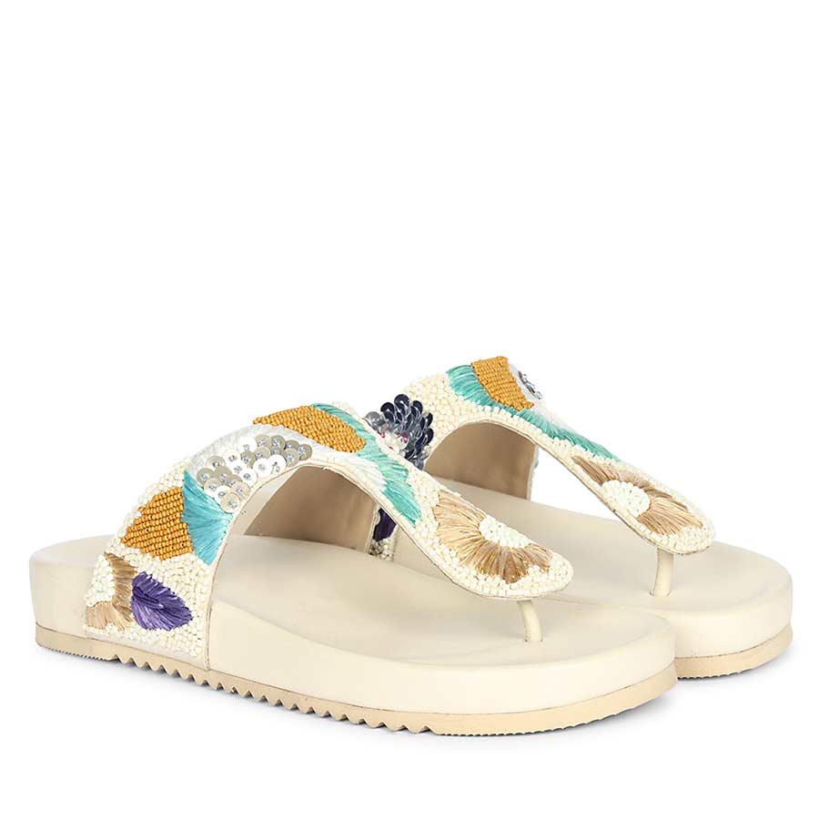 Off white embroidered leather thong sandals